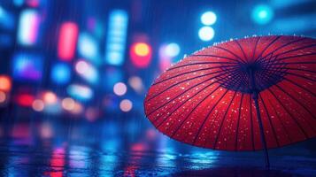 A red umbrella is standing in the rain at night photo