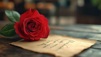 Red rose on a piece of paper with a handwritten message photo