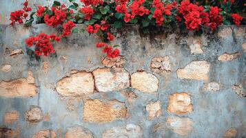 Red flowers growing on a wall photo