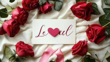 Red roses and the word love on a white background photo