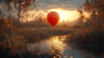 A red balloon floating in the water at sunset photo