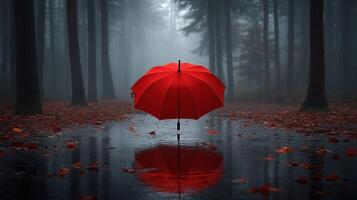 A red umbrella in the middle of a forest photo