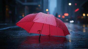 A red umbrella is sitting on the wet street photo