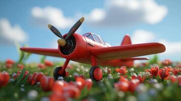 A toy airplane is sitting in a field of flowers photo