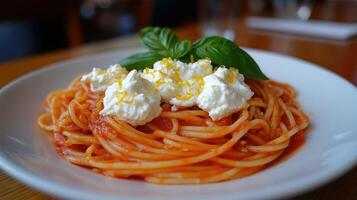 A plate of spaghetti with a lemon and a wedge of lemon photo