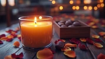 Candle and chocolates on wooden table with petals photo