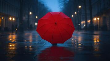 A person holding a red umbrella in the rain photo