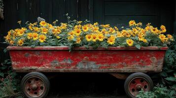 An old red wagon with yellow sunflowers in it photo