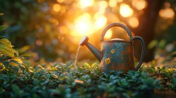 Watering can in the garden at sunset photo