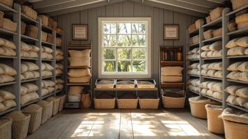 A room with lots of baskets and shelves photo