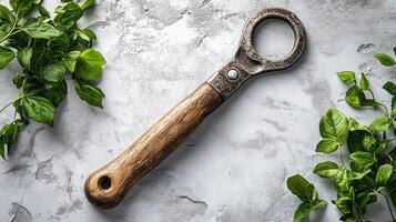 A large metal tool with a handle on top of a green plant photo