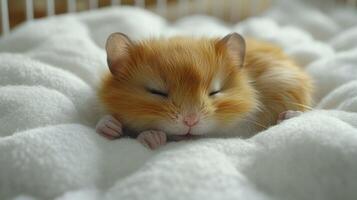 A small hamster sleeping on top of a white blanket photo