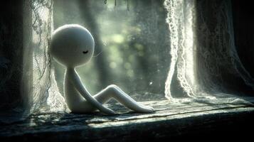 A small doll sitting on a window sill photo