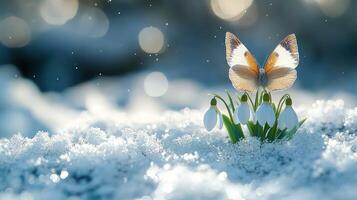 A butterfly is sitting on a snow covered field photo