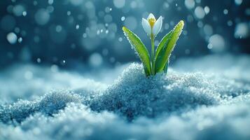 A single white flower is growing out of the snow photo