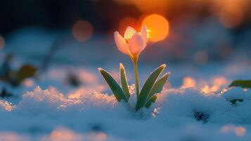 A single pink flower is standing in the snow photo