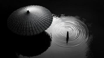 A black and white photo of an umbrella in the water