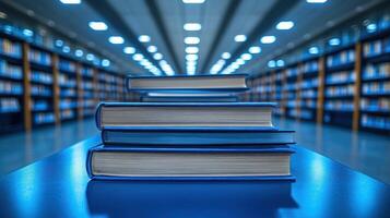 Stack of books in a library photo