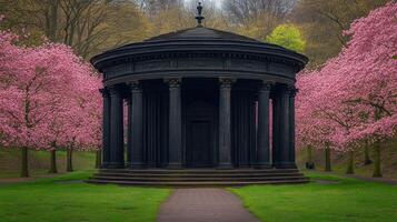 A black building surrounded by trees and flowers photo