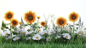 A field of sunflowers and daisies is shown in this image photo