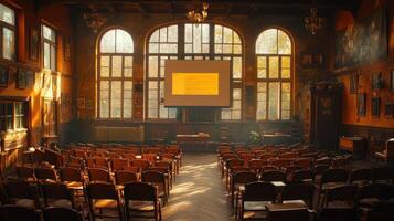 A large room with many chairs and a projector screen photo