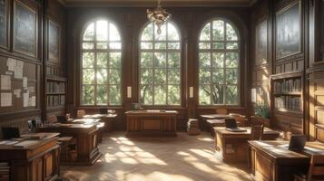 A large room with lots of wood paneling and windows photo