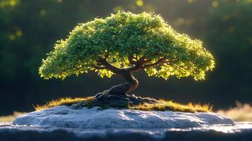 Bonsai tree on rock in front of green grass photo
