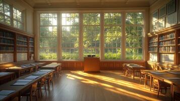 A large room with many bookshelves and a desk photo