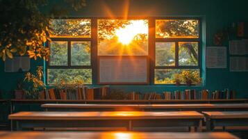 Sunrise in a classroom with books and windows photo