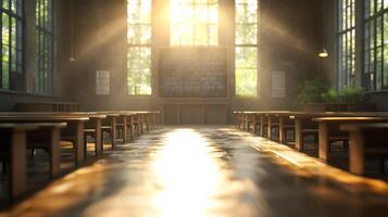 A church with empty pews and sunlight shining through the windows photo