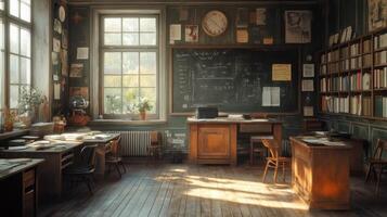 An old school room with desks and a chalk board photo