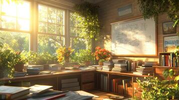 A room with books and plants photo