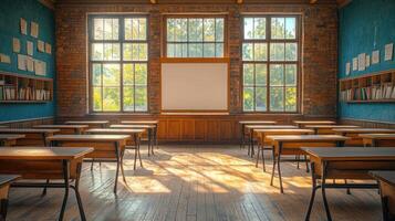 An empty classroom with desks and windows photo