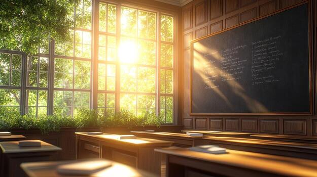 An empty classroom with a chalkboard and trees in the background photo
