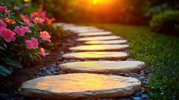 Stepping stones in a garden at sunset photo