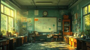 A room with lots of desks and a clock photo
