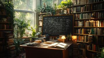 A room with books, plants and a chalkboard photo