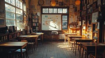 A long, narrow room with wooden tables and chairs photo