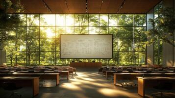 A large auditorium with tables and chairs in front of a large screen photo