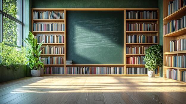 An empty room with bookshelves and a chalkboard photo