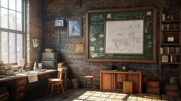 A room with a desk, a chair and a chalkboard photo