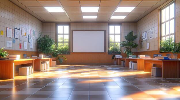 A large empty room with a large window and a large screen photo