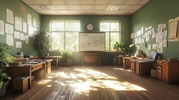 A room with a desk, a window, and a plant photo