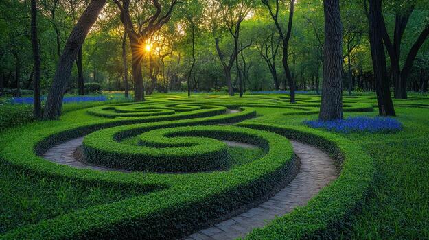 A maze in the middle of a park with trees and grass photo