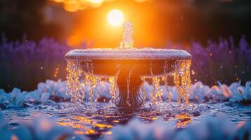 A fountain with water flowing out of it at sunset photo