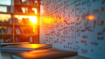 A whiteboard with math equations on it in front of a book shelf photo