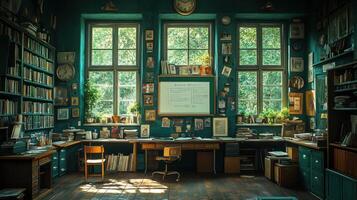 A room with lots of books and lots of windows photo