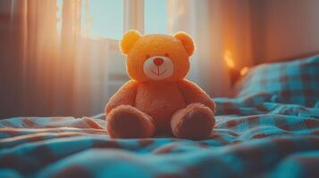 A teddy bear sits on a bed in front of a window photo