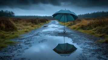 A blue umbrella is standing in the middle of a puddle photo