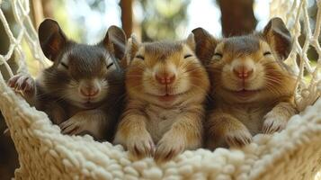 Three cute little hamsters in a hammock photo